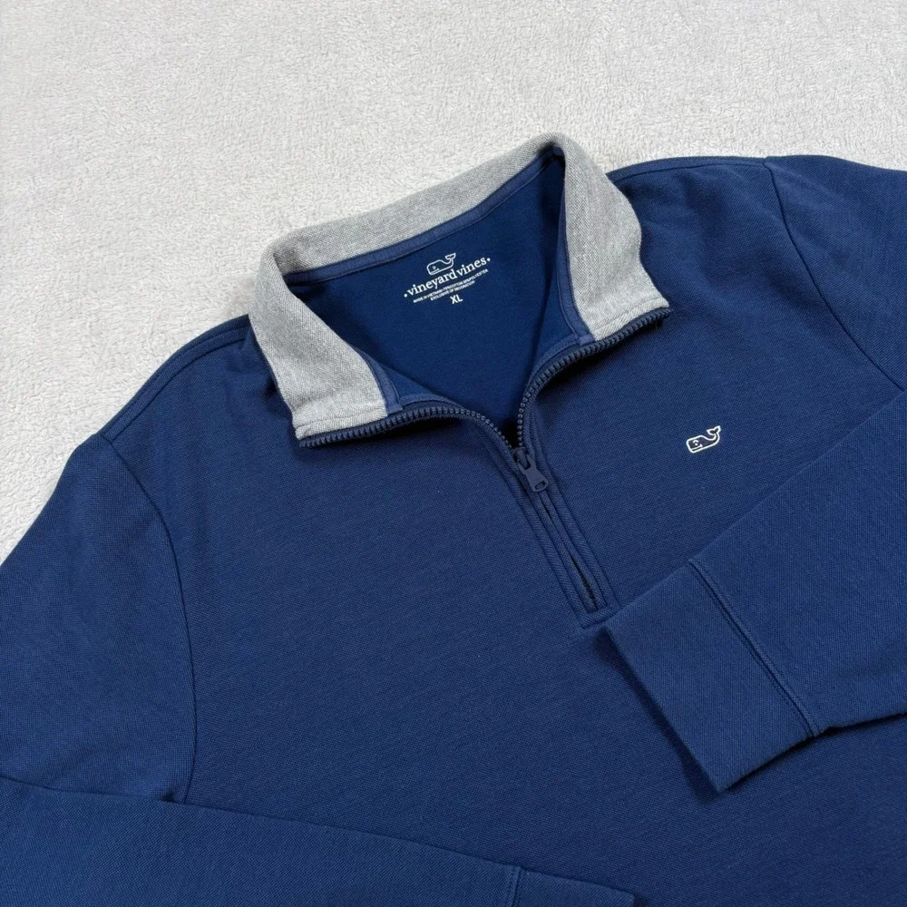 Vineyard Vines Mens‎ XL Navy Blue Pique Quarter Zip Pullover Sweater Gray Collar